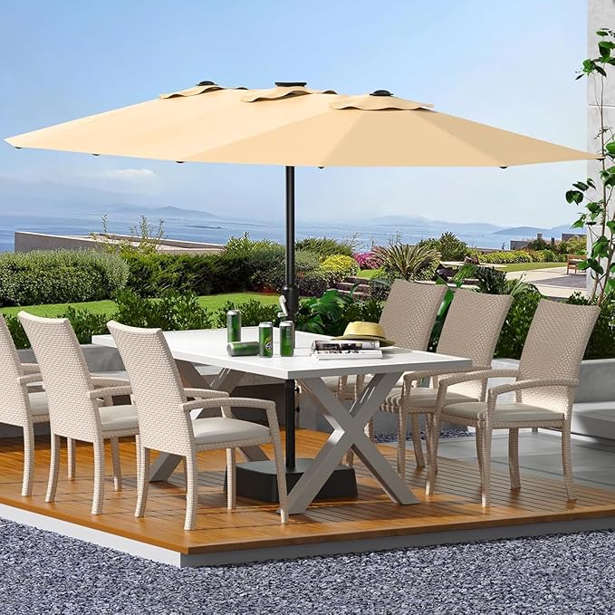 TrailBlaze 15ft Large Patio Umbrella with Base, Outdoor Rectangle Umbrella Double-Sided Market Umbrella with Crank Handle UV Protection Table Umbrellas for Backyard, Deck, Poolside and Garden