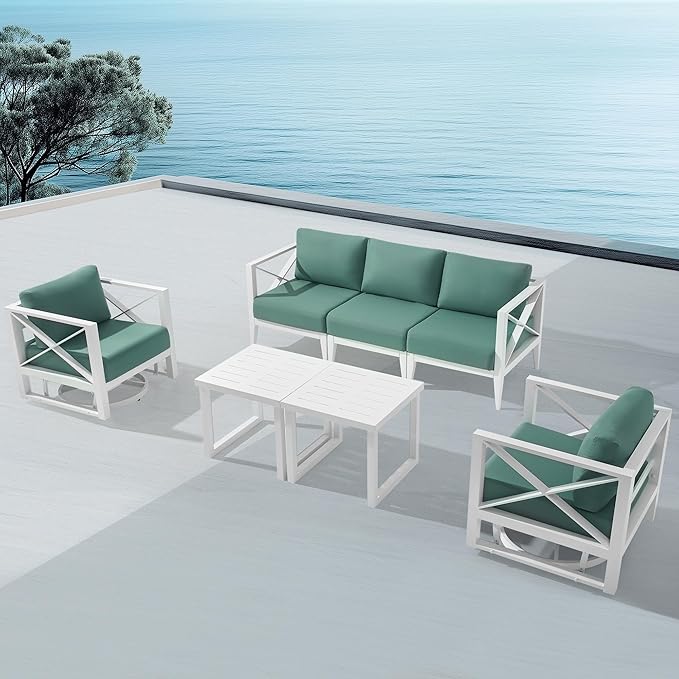 MBY Aluminum Patio Furniture Set, 5-Seat Outdoor Conversation Set with 2 Swivel Rocking Chairs & 2 Coffee Tables, Weather-Resistant Sofa Set for Poolside, Garden, Backyard – White