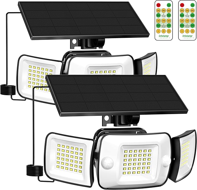 intelamp Solar Flood Lights Outdoor Waterproof, 2 Pack 6000mAh 1200LM Solar Powered Dual Motion Sensor LED Lighting Dusk to Dawn Security Floodlight Exterior with Remote 9.8ft Cable for Garden House