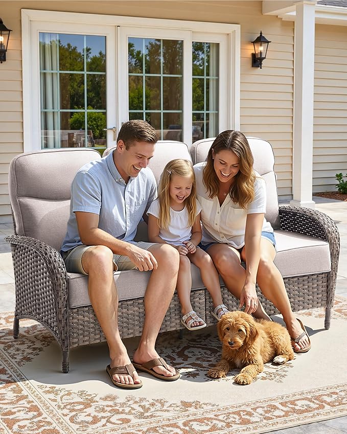 7-Piece Luxury Patio Furniture Set with 6-Inch Thick Cushions, High-Back Outdoor Sofa & Swivel Rocking Chairs w/Wicker Coffee Table, All-Weather Conversation Set for Porch, Deck, Yard – Beige