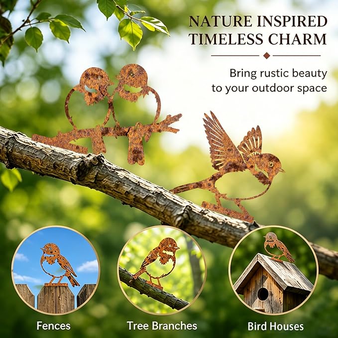7 PCS Rust-Effec Painted Metal Bird Sculptures - Vintage Rustic Wrought Iron Bird, Vivid 2D Garden Decor for Outdoor Fences, Patio, Yard for Bird Lovers