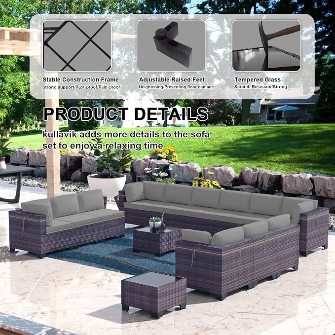 Kullavik 14 Pieces Outdoor Patio Furniture Set,Sectional Rattan Sofa Set Brown PE Rattan Wicker Patio Conversation Set with Tempered Glass Coffee Tables and Washable Cushions Covers,Grey