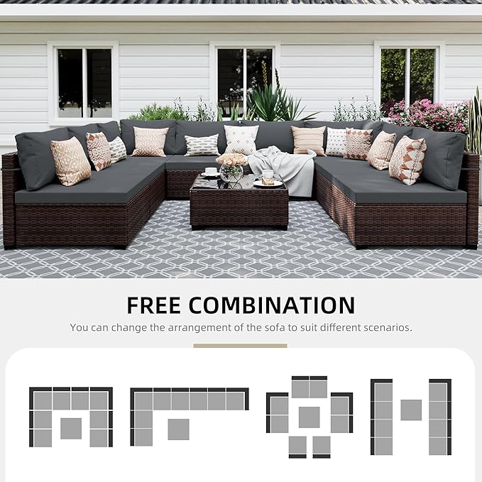 UPHA 9 Pieces Patio Furniture Sets, Wicker Outdoor Sectional Sofa Couch with Coffee Table, Patio Conversation Set for Deck Backyard Garden, Brown Rattan, Dark Gray Cushion