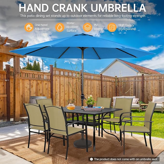 SUNCROWN 8 - Piece Outdoor Dining Set, Patio Furniture Set with 6 Textilene Dinning Chairs, 1 Rectangle Metal Table and 1 Sky Blue 9Ft Patio Umbrella for Lawn Garden Backyard Deck, Brown