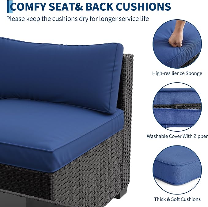 GarveeHome 7-Piece Modular Outdoor Patio Set, Sectional Rattan Wicker Sofa with Water-Resistant & Washable Thick Blue Cushions, Includes Coffee Table, Black Frame for Garden, Deck, Poolside