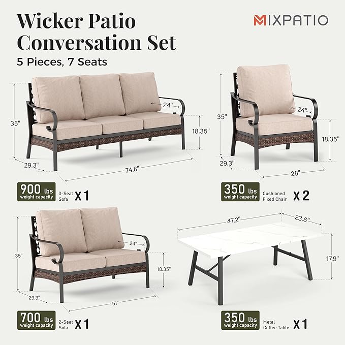 Patio Furniture Set with Coffee Table, Outdoor Conversation Set with 2 x Fixed Chairs, 1 x 2-Seat Sofa, 1 x 3-Seat Sofa for Lawn Garden Backyard, Beige