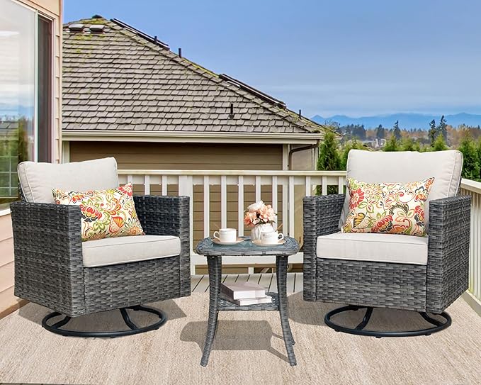 HOOOWOOO Wicker Outdoor Swivel Bistro Set for 2,3 Piece Patio Rocking Chairs and Table,All Weather Resistant Outside Out Door Rattan Rockers Furniture Set,Beige