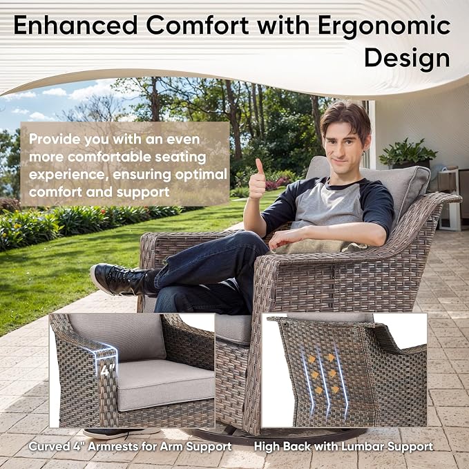 3 Pieces Wicker Patio Furniture-All-Weather Wicker Swivel Patio Chairs with Side Table Patio Bistro Sets for Deck Balcony Poolside Backyard-Brown/Grey