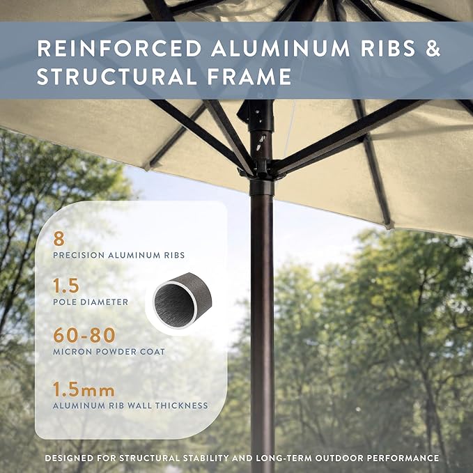 California Umbrella 12-Year Protection 9-Ft Outdoor Patio Umbrella, Sunbrella Fade-Resistant Fabric, Auto-Tilt, Heavy Duty Aluminum Frame, 8 Reinforced Ribs for Pool or Deck, Bronze Pole, Beige
