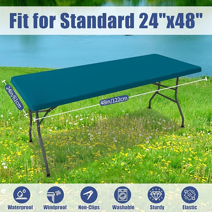 Moosfor Spandex 4 Foot Rectangle Table Cloth 2 Pack, Elastic Fitted Tablecloths for Picnic, Stretch Washable Patio Table Cover for Outdoor, Camping, Banquet and Parties (Peacock Blue, 24"x48")