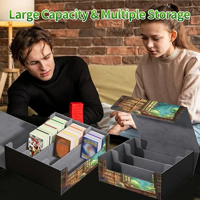 Large Card Deck Box for MTG, Fits 1200+ Sleeved Cards, PU Leather Storage Case with Strong Magnetic Closure, Multiple Colors Available for TCG CCG Baseball Card Collections, Library Window