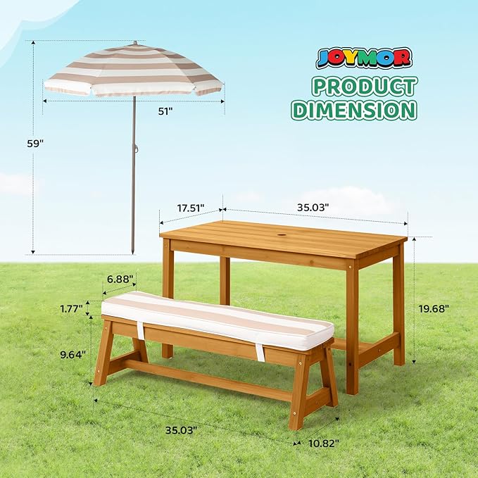 JOYMOR Kids Picnic Table Outdoor Wooden Table & Bench with Adjustable Umbrella, Picnic Table Set w/Removable Cushions for Backyard, Patio, Garden, Indoor(Natural)