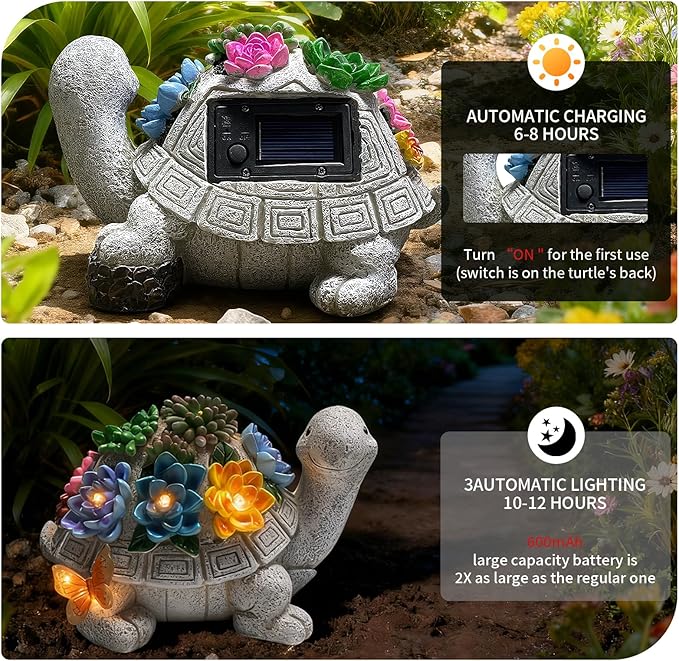 Solar Garden Outdoor Statues Turtle with Succulent and 7 LED Lights -Waterproof Animal Lawn Decor Statue for Patio, Balcony, Yard Ornament for Mom Grandma Women