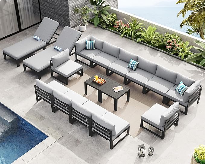 NICESOUL 14-Person Luxury Aluminum Outdoor Sectional Sofa Set with Chaise, 500lbs Heavy Duty Modular Patio Furniture, 29" Wide Deep Seating All-Weather Conversation Set for Poolside, Light Gray