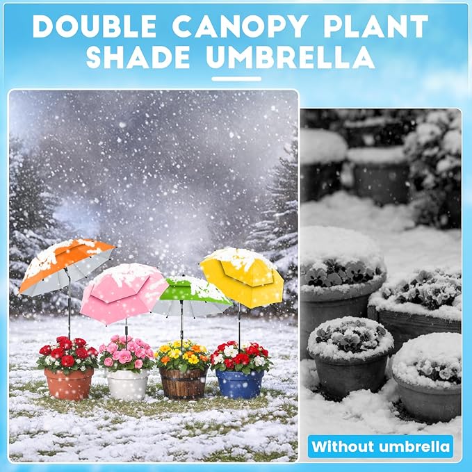 4 Pack 24.9" Double Canopy 47.2" Height Plant Umbrellas for Outdoor Plants, 3D Stakes 360° Adjustable Plant Shades for Outdoor Plants, Garden