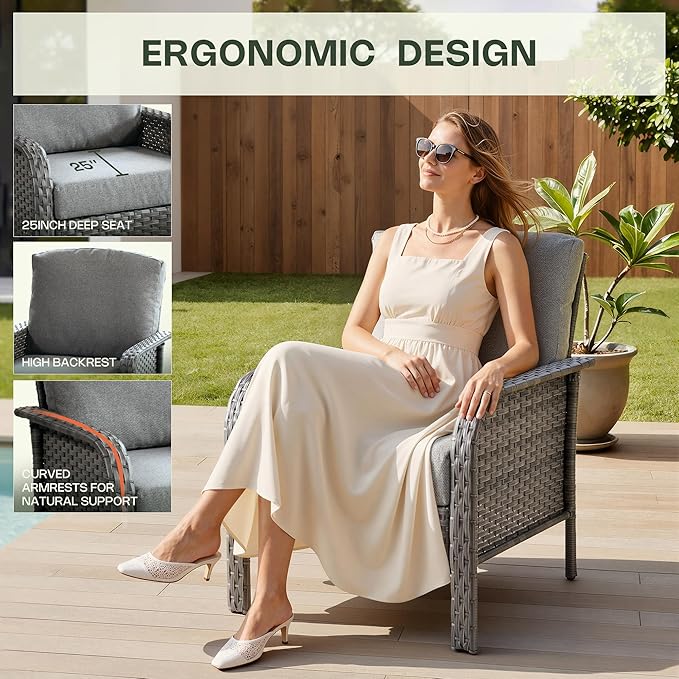 4-Piece Patio Furniture Set, Outdoor Wicker Furniture with Coffee Table, All Weather High Back Loveseat Patio Chairs, Modern Rattan Outdoor Chairs Conversation Set for Porch, Balcony, Garden,Dark Gray