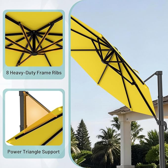 AreShark 11FT Round Cantilever Patio Umbrella with Base Included, 360° Rotation Offset Outdoor Umbrella, 5 Tilt Settings Heavy Duty Hanging Parasol for Deck Garden Pool, Yellow