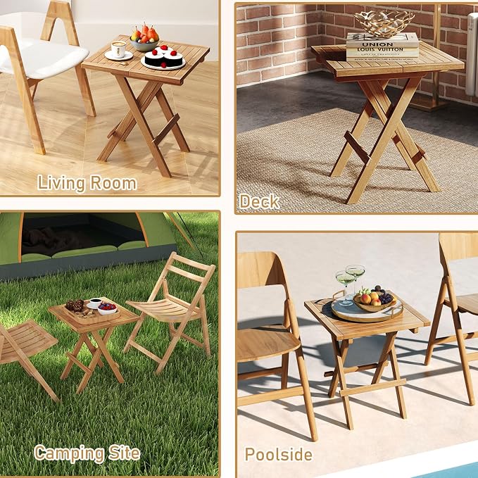 RELAX4LIFE Folding Outdoor Side Table - Teak Wood End Tables, 20'' Square Coffee Bistro Table w/Slatted Tabletop, Portable Picnic Camp Tables for Poolside Porch Garden, Foldable Small Patio Table