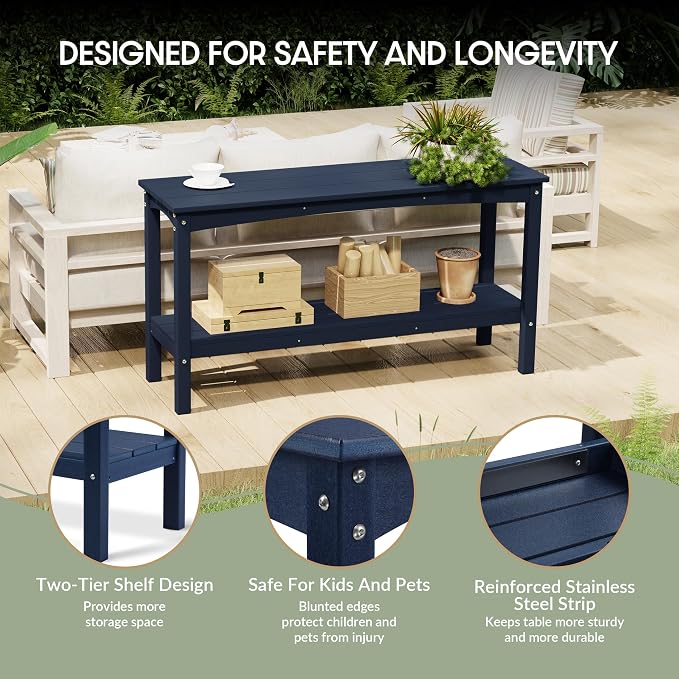 WestinTrends Malibu 55" Outdoor Patio HDPE Adirondack 2-Tier Shelf Console Table, Navy Blue