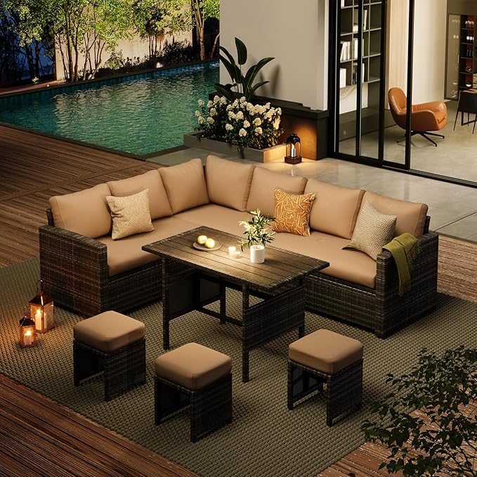 AECOJOY Outdoor Patio Furniture Set with Waterproof Cover, 7 Pieces Clearance Sectional Rattan Dining Table&Chairs, All Weather Wicker Conversation Sofa Couch, Khaki Cushions&Brown Rattan