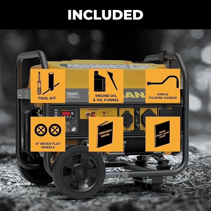 FIRMAN P03504 Gas Portable Generator, 4450W Recoil Start, 120V, CO Alert, Quiet 67dB, 208cc Engine, 5-Gallon Tank, 14 Hrs Runtime, Wheel Kit, Ideal Power Solution for RV, Home & Outdoor Adventures