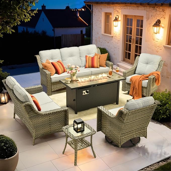 HOOOWOOO Patio Furniture Set,6 Pieces Wicker Outdoor Furniture,High Back Conversation Set with All Weather Resistant Fire Pit Table Couch Swivel Chairs,Light Gray