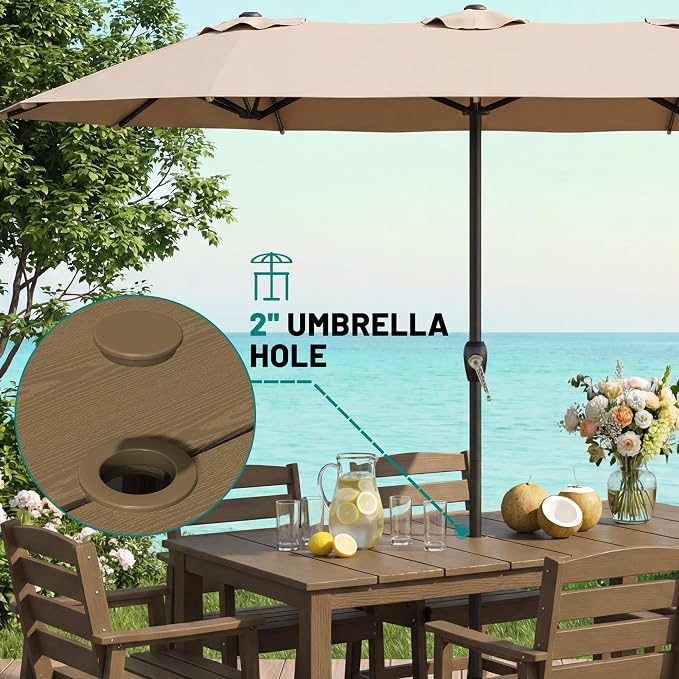PLUUV 9-Piece Outdoor Patio Dining Set – HDPE Dining Table with Aluminum Legs and Umbrella Hole, 8 Chairs & 1 Table, All-Weather Patio Furniture Set for Garden Deck Backyard, Brown