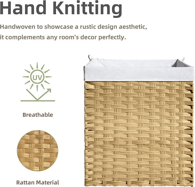 Outdoor Wicker Laundry Hamper with Lid,90L Foldable Laundry Basket with Removable,Machine Washable 2-Section Liner and Handles,Handwoven Yellow Rattan Hamper for Organization and Storage