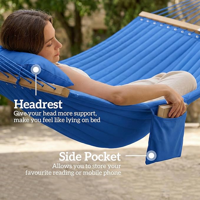 Outsunny Outdoor Hammock, 2-Person Hammock with Head Pillow and Pad, Wood Spreader Bars, 440 lbs Capacity, for Patio Yard Garden, 128" x 55", Navy Blue