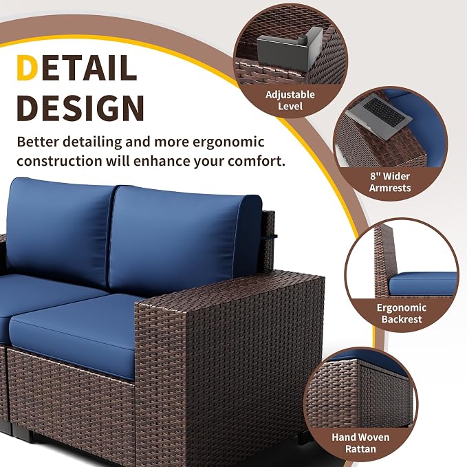 Patio Furniture with Fire Pit Table,8‘’ Wide armrest Outdoor Sectional Rattan Sofa Set, Wicker Patio Furniture Sets w/Coffee Table,Thick Cushions and Cover for Porch,Deck, 9PC(Brown&Navy)