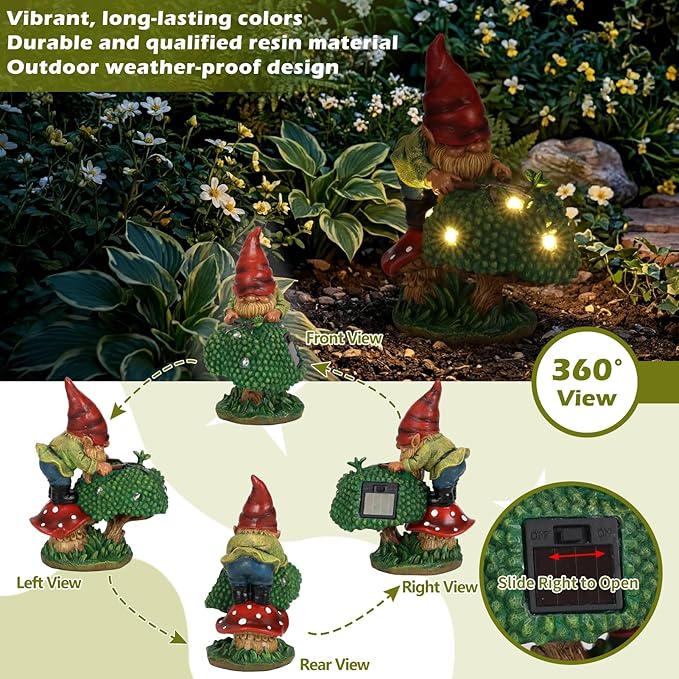 EXYGLO Solar Gnome Garden Statue Decor, 7.4" Gnome Gardener Outdoor Funny Decoration for Lawn, Patio, Yard, and Unique Housewarming, Birthday Ornament Gift for Mother, Friend, Family