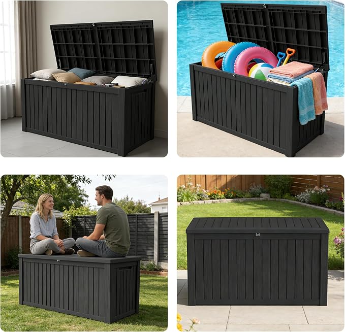 150 Gallon Outdoor Storage Box Resin Deck Box All Weather Waterproof Large Lockable Storage Container Deck Box for Patio Furniture, Garden Tools, Lockable, Black