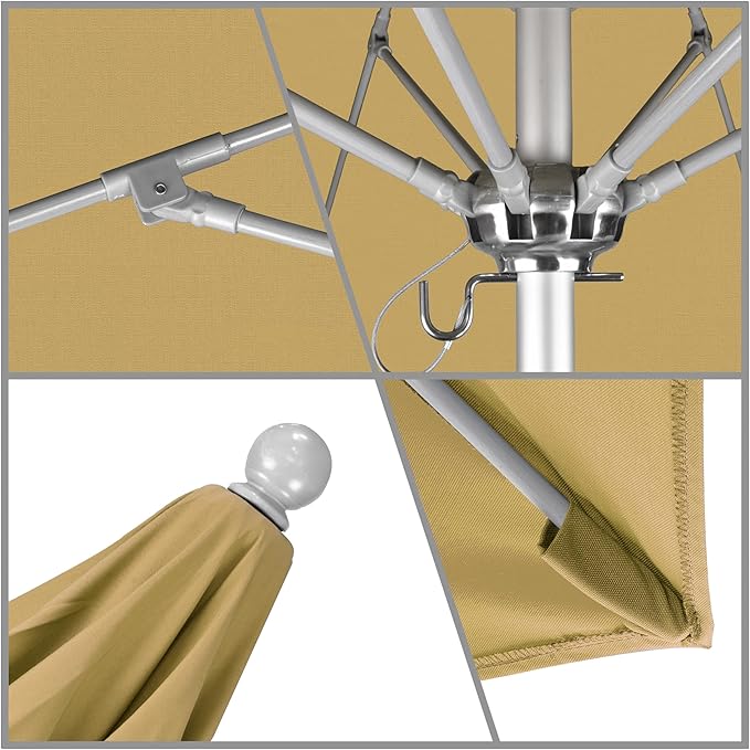 California Umbrella 9' Round Aluminum/Fiberglass Umbrella, Push Open, Silver Pole, Sunbrella Wheat Fabric