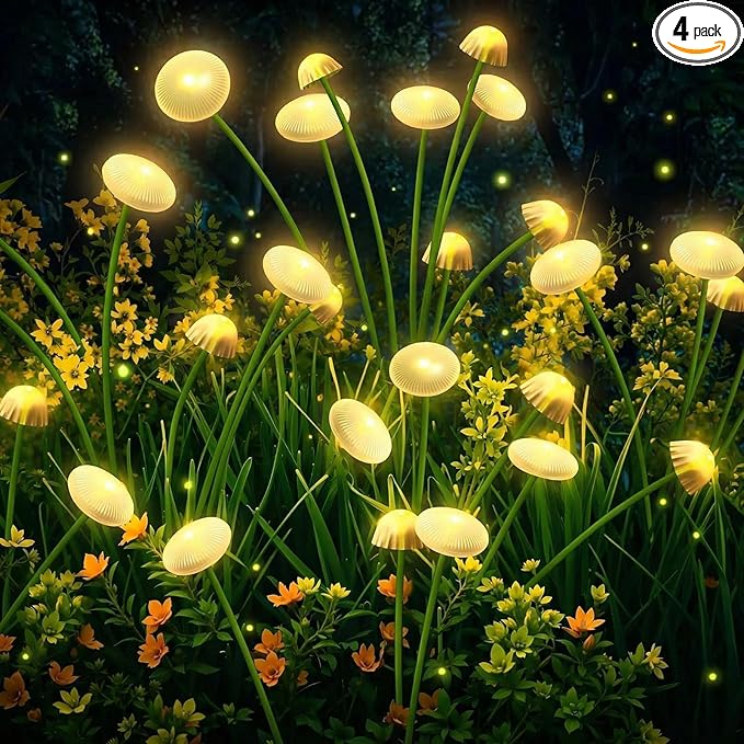 SyouHome 4 Pack Solar Garden Lights Outdoor, 8 Modes Warm White 32 LEDs Swaying Mushroom Lights for Outside Decor, Jellyfish Ambiance, IP65 Waterproof Outdoor for Garden, Pathway, Gifts for Mother