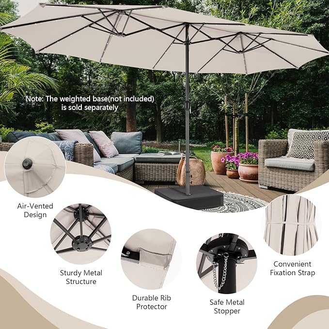Tangkula 15 Ft Solar Patio Umbrella, Double-Sided Extra Large Outdoor Market Table Umbrella with 48 LED Lights, Crank Handle, 12 Sturdy Ribs for Poolside, Garden & Backyard (Beige)