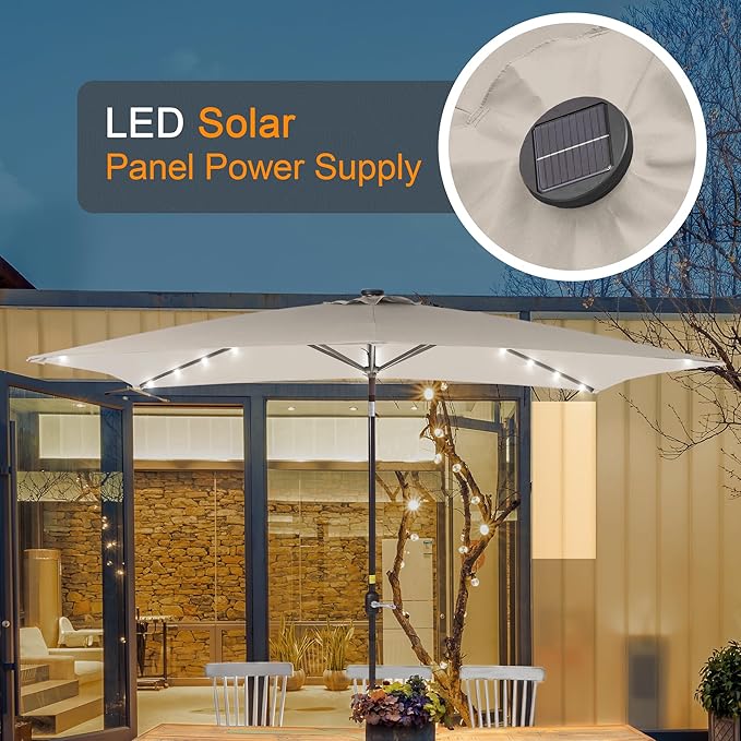 Rectangle Patio Umbrella with Solar Lights, 10 x 6.5ft Rectangular Outdoor Umbrella Table Market Patio Umbrella with Push Button Tilt and Crank for Garden, Deck, Backyard, Pool