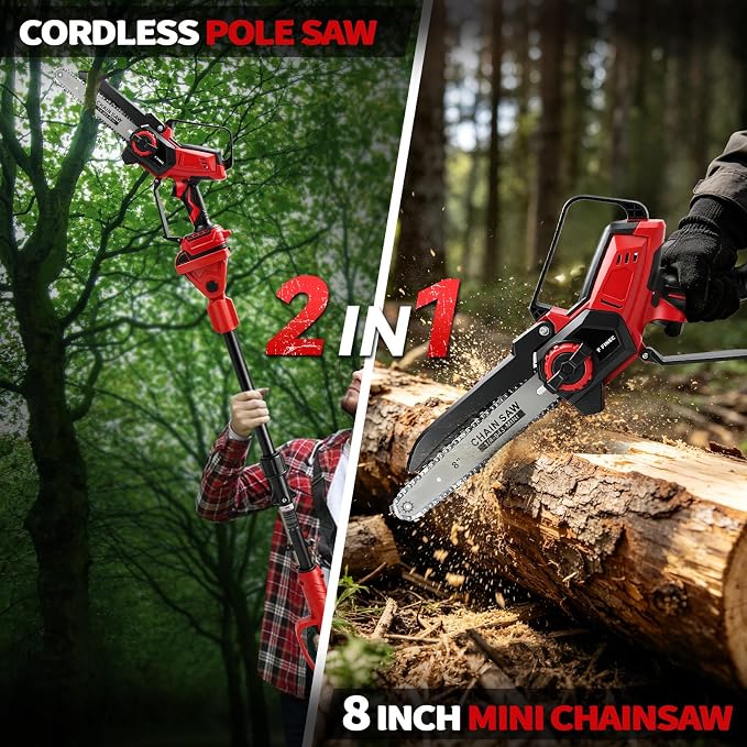 2-in-1 8 Inch Electric Pole Saw for Milwaukee 18V Battery, Brushless Cordless Mini Chainsaw with Extension Pole & 3 Chains, Auto Oiler, 14.5 FT Max Reach for Tree Trimming Branch Cutting (No Battery)