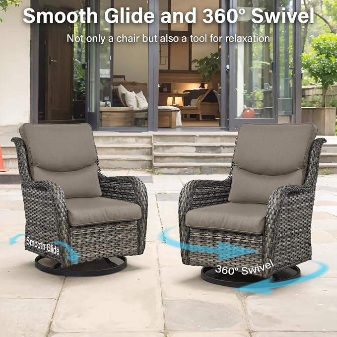 Outdoor Swivel Rocker Patio Chairs Set of 4-5" Thick Cushion 4 Piece Furniture Set All Weather Comfortable Wicker Conversation Set for Porch Poolside and Deck - Gray/Gray