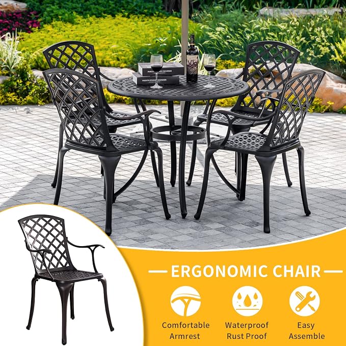5 Pieces Outdoor Patio Dining Set, 36" Metal Outdoor Dining Set with 1.97" Umbrella Hole, Anti Rust Patio Furniture Set with 4 Chairs and Round Table for Garden, Porch and Poolside, Bronze