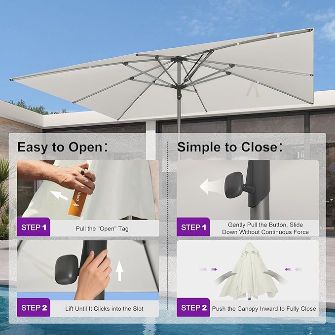 PURPLE LEAF 9 X 12 FT Commercial Rectangle Patio Market Umbrella Semi Auto Heavy Duty 1.9" Aluminum Pole 8 Sturdy Ribs for Restaurant Cafe Hotel Outdoor Dining Resort Cafes Bulk Order Deck Pool Garden White