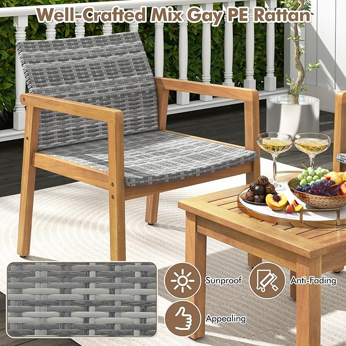 Tangkula 3 Pieces Outdoor Furniture Set, Acacia Wood Frame Sofa Set w/Rattan Seat & Back, Patio Conversation Set w/Coffee Table for Balcony, Poolside, Backyard (Mix Gray)
