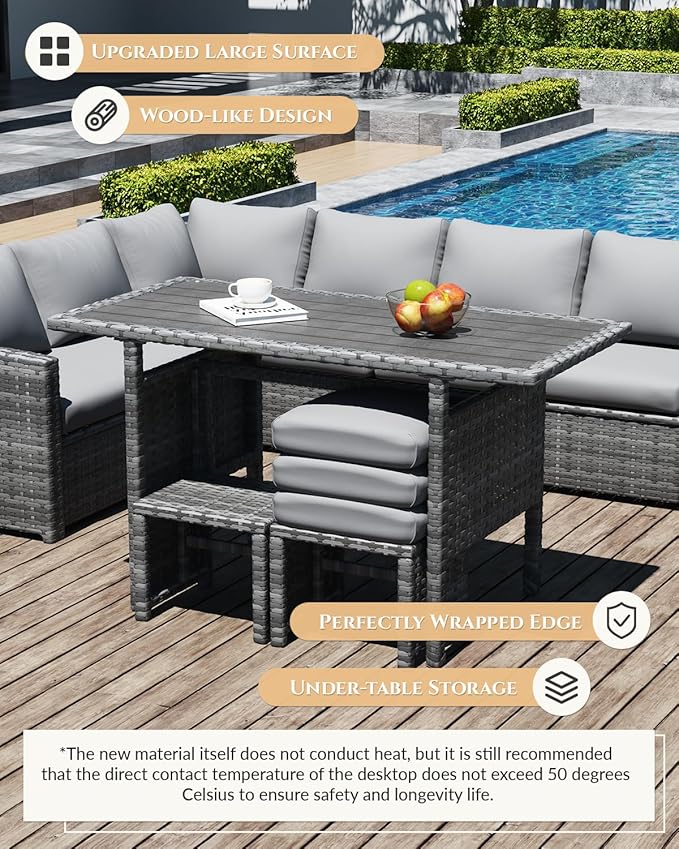 U-MAX 7 Pieces Patio Furniture Set with 43" Fire Pit Table, Outdoor Sectional Sofa Conversation Set, All Weather Wicker Rattan Dining Table & Chair with Ottoman, Grey Rattan&Light Grey Cushion