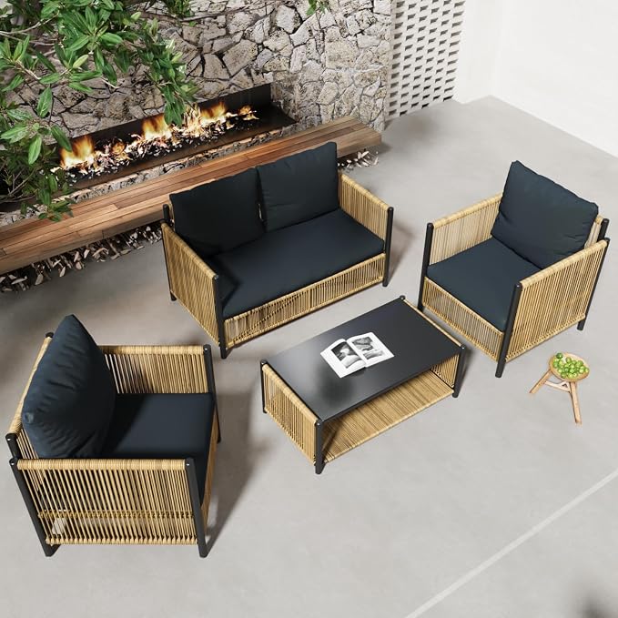 4 Pieces Aluminum Outdoor Patio Furniture Set - 2 Pcs Armchair, Loveseat & Dual-Layer Coffee Table - Rope Sectional Conversation Sofa Sets with Washable Thick Cushion for Garden, Backyard, Porch
