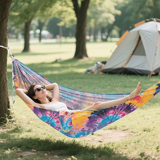 Camping Hammock Outdoor Hammocks for Outside Tye Dye Colorful Beach Trees Portable Lightweight with Pockets Tree Straps Indoor Small