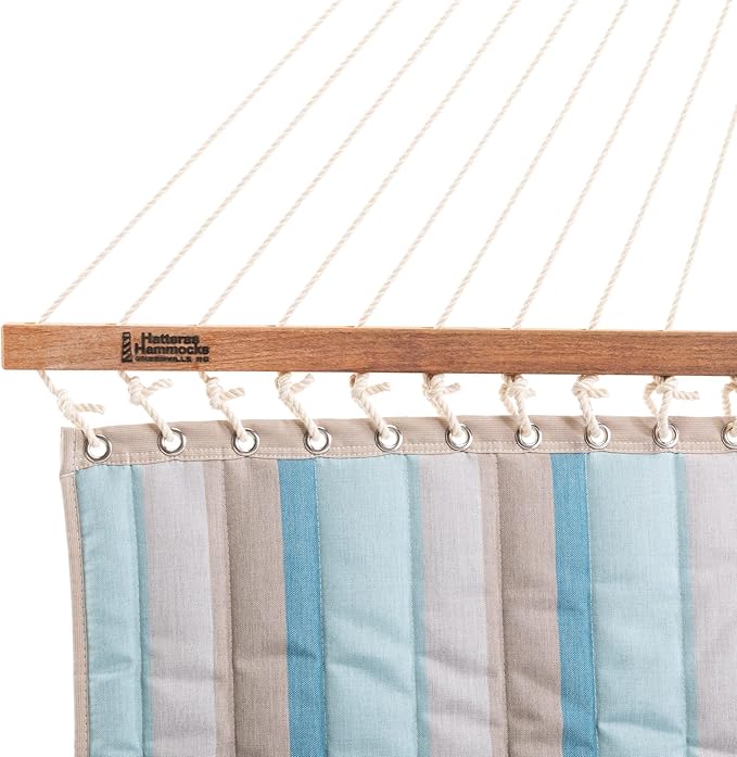 Hatteras Hammocks Large Gateway Mist Sunbrella Quilted Hammock – 13 ft. x 55 in., 2-Person, 450 lb Capacity, Cumaru Spreader Bar, Zinc-Plated Hardware – Handcrafted in The USA