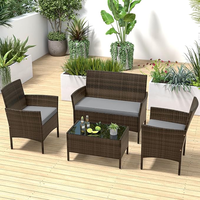 4 Piece Patio Furniture Set, Sectional Conversation Sofa Set with Glass Coffee Table, Cushions & Loveseat, Wicker Outdoor Table and Chairs for Pool, Garden, Deck, Backyard (1, Grey)
