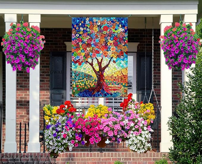 Stained Glass Tree of Life House Flag 28x40 Double Sided for Outside, Spring Summer Burlap Large Floral Garden Flags for Yard Outdoor Garden Decor