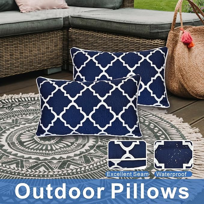 JMGBird Water-Resistant Outdoor Pillows Set of 2, 12x20 inch Durable Navy Blue Grid Pattern Throw Pillows with Inserts for Patio Furniture