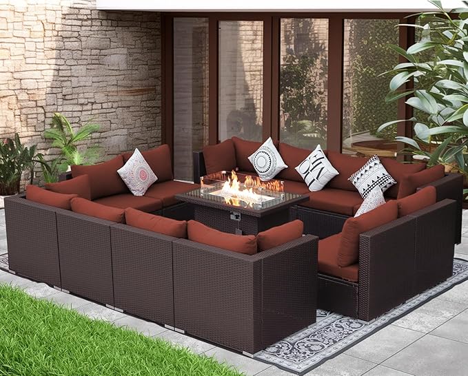 NICESOUL 13 Piece Patio Furniture w/Fireplace, Elegant Outdoor Seating w/Firepit, XL 29.3'' High Back Sectional Sofa, All-Weather Rattan Deck Couch, Modular Sturdy Conversation Set, Brown & Red