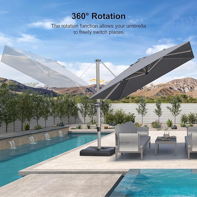 PURPLE LEAF 9FT Patio Umbrella with Base Champagne Square Cantilever Offset Outdoor Umbrella with 360 Rotation for Garden Pool, Light Grey